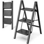 HBTower Step Ladder 3 Step Folding, Small Step Stool for Adults, Closet Step Stool Lightweight Kitchen Ladder 3 Step Ladder with Anti-Slip Wide Pedals, Black