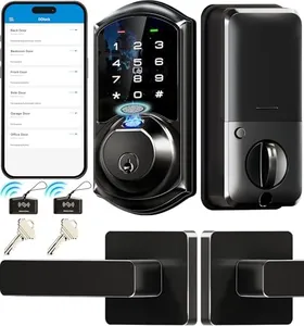 Veise Fingerprint Smart Locks for Front Door with 2 Lever Handle Set, App Control, Keyless Entry, Electronic Digital Keypad Deadbolt, Auto Lock, Waterproof, Easy to Install, Matte Black