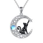 VONALA Celtic Moon Black Cat Necklace for Women Sterling Silver Cat Jewelry for Women Moonstone Necklace Cat Gifts for Cat Lovers