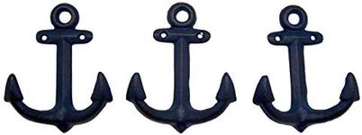 Wowser Nautical Cast Iron Ship Anchor Wall Hooks, 6 Inches, Set of 3 (Blue)