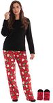 Just Love Plush Women’s Pajama Pant Set with Matching Socks with Sayings, Red Holiday Print, 3X