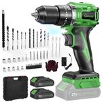 Ginour 21V Brushless Cordless Combi Drill Set, 2x1.5Ah, Hammer Drill 50Nm, compatible with Makita 18V Battery, 23+3 Torque, 2 Speed, 48PCS Electric Screwdriver kit, Impact drill for Masonry Wood Metal
