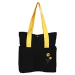 NECAVU Cotton Tote Bags for Women with Button closure, College Bag for girls With Inner & Outer Pockets, Utility Tote bags for Shopping, Travel & Daily use(Black, Yellow Handle)