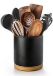 Nucookery 360°Rotating Utensil Holder, 7.2" Kitchen Utensil Crock, Ceramic Cooking Utensil Organizer with Countertop-Protection Cork Bottom for Farmhouse Kitchen Decor Christmas (Stone Black)