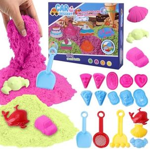 greenglo Kids Sensory Magic Sand Playset - 1.10 Lbs Color Sand Kit, 16 Pcs Molds (Cake/Dessert, car, sea Animal) & Tools, Ideal Sensory Bin for Boys & Girls Ages 3-8