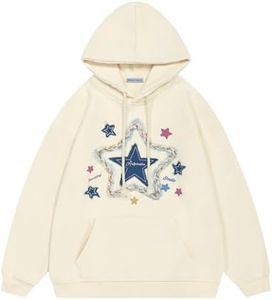 Aelfric Eden Womens Oversized Hoodies Star Graphic Fleece Hooded Streetwear Unisex Sweatshirts Pullover with Pocket Apricot