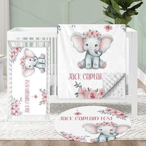 KAINSY Personalized Crib Bedding Set, 3 Pcs Custom Name Baby Crib Set for Infant Toddler New Parents, Double Layer Baby Bedding Set for Baby Girl, Floral Elephant Nursery Bedding Set Customized Gift