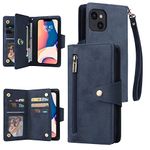 Lhyxuuk for iPhone 14 Case, 9 Card Slots Premium Flip Wallet Leather Magnetic Case Purse with Zipper Coin Credit Card Holder Cover for iPhone 14 (3-Blue)
