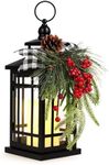 Metal Christmas Decorative Candle Lantern with Led Light,Plaid Ribbon,Lighted Hanging Vintage Lanterns for Home Decor Table Fireplace Porch Indoor Outdoor Decorations,Serpro