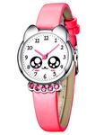 KDM Kids Watch for Girls, Toddler Watches for 3-12 Gifts for Girls Wrist Watch Cute Cartoon Waterproof Watches for Kids, Learning Time and Easy to Read Red Leather Watch