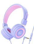 iClever Kids Headphones for Girls with Microphone - 85/94dB Volume Control, Wired Headphones for Kids, Adjustable Headband, Foldable - Childrens Headphones for iPad/Tablet/Airplane/School, Purple