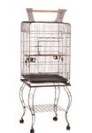 Foldable Metal Bird cage for Grey, Green Parrot and All Medium Sized Birds with Stand and Wheel with 2 Steel Cups, 2 Perch and Tray L:22", B:22",H:54"- Central Fish Aquarium (Black)