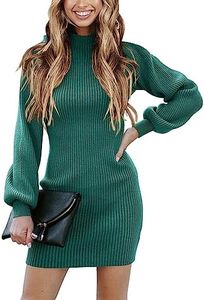 ANRABESS Women Long Sleeve Turtle Mock Neck Rib Knit Stretch Slim Fitted Bodycon Sweater Mini Short Dress 2025 Fall Outfits Green Large
