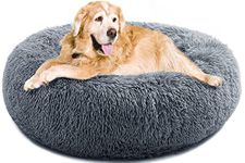 YOJOGEE Calming Donut Dog Bed for Large Medium Dogs, Fluffy Anti Anxiety XXl Dog Beds Extra Large Washable Puppy Bed Non-Slip Plush Cuddler Warming Round Faux Fur Pet Bed Dark Grey
