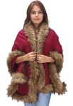 MANRA Women's Wool Blended 4side Faux Fur Wrap Stole for Winter Warm Fancy Shawl (Maroon)