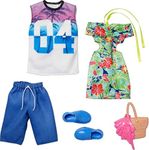 Barbie & Ken Fashions 2-Pack Clothing & Accessories Set, 1 Tropical Dress & Tote for Barbie Doll & 1 Tropical Shirt & Shorts Outfit with Shoes for Ken Doll