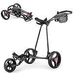 COSTWAY Folding Golf Push Pull Cart, Lightweight 3 Wheels Golfs Trolley with Foot Brake, Umbrella & Cup Holder, Adjustable Handle and Storage Bag