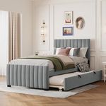 Twin Size Velvet Upholstered Platform Bed with Twin Trundle, No Box Spring Needed, Space Saving Bed Frame with Wood Slat Support, 300lb Capacity, Modern Bedroom Furniture (Gray, Twin Size)