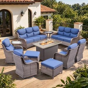 Opohoro Luxury 6" Thick Cushion 11 Pieces Wicker Patio Furniture Set with 41”Fire Table, Outdoor Conversation Set with Swivel Rocker Chairs Set of 4 and Patio Couch for Deck Porch Yard and Poolside