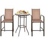 Tangkula 3 Pieces Outdoor Patio Bar Set, Outdoor Bistro Set with 2 Bar Stools and 1 Tempered Glass Bar Table, Bar Height Patio Table and Stools Set for Backyard, Garden, Lawn