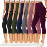 YOLIX 7 Pack Capri Leggings for Women, High Waisted Black Tummy Control Workout Yoga Pants, Black*2/ Purple/ Dark Pink/ Grey/ Navy Blue/ Olive, Large-X-Large