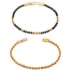 JHB Golden Gold-Plated Brass Bracelet 2 pis Combo for Women (Golden Bead Bracelet + Black Bead Hand Mangalsutra Bracelet)