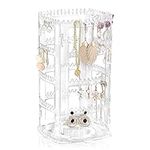 ROWNYEON Rotating Jewellery Organiser Jewellery Stand Acrylic 360°Rotating Display Earring Holder 4 Tiers Jewellery RackClassic 160 Holes and 168 Grooves for Necklaces Earrings Piercings,Clear