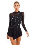 YiZYiF Womens Long Sleeve Gymnastic Ballet Dance Costume Shiny Rhinestone Figure Ice Skating Dress 10Black S