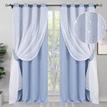 BGment Mix and Match Sheer Tulle Overlay Blackout Curtains, Grommet Room Darkening Thermal Curtains with Wave Line and Dots Printed Sheer Drapes for Living Room, 52" W x 108" L, 2 Panels, Light Blue