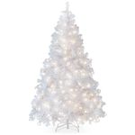 Best Choice Products 6ft Premium Hinged Artificial Christmas Pine Tree Holiday Decoration w/ 250 Warm White Lights, Solid Metal Stand, 1,000 Tips, Easy Assembly - White