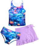 Cutemile Girls 3 Piece Bathing Suits Size 10 Dolphin Swimsuit Hawaiian Swimwear Mesh Lining Tankini Set with Skirt for Beach Size 9-10