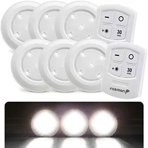 Fosmon Wireless LED Puck Light 6 Pack with Remote Control, Under Cabinet Lighting [5 Daylight White LED, Wide Floodlight Tap Style, 30-Minute Timer, Battery Operated] for Kitchen Closet Pantry Counter