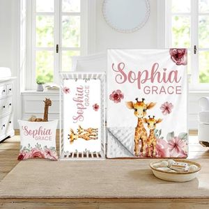 Duckbe Custom Crib Bedding Set - Giraffe Design Personalized Name Baby Nursery Bed 3 Pcs Set - Chic Soft Blanket with Dotted Backing, Sheet, Pillowcase for Newborn Girls Boys Gifts Color20
