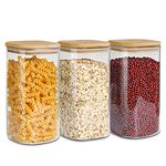 ComSaf 50oz Airtight Glass Storage Canister with Bamboo Lid Set of 3, Clear Food Storage Container Square Kitchen Pantry Storage Jar for Noodles Flour Cereal Rice Sugar Tea Coffee Beans Snacks