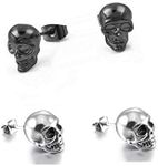 2 Pairs Punk Stainless Steel Stud Skull Earrings Fashion Style Cupimatch Silver Black Rock Ear Piercing Earrings For Mens Women, Metal, not known