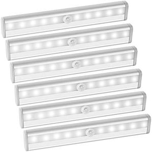 [6 Pack] AMIR Lampe Détecteur de Mouvement, 10 LED Lampe de Placard, Lampe Adhésive, Eclairage Escalier, Facilité d'installation,Chaque Lampe est Alimentée par 4 Piles AAA (Non Incluses), Blanc