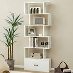 Giantex S-Shaped Bookcase, 6-Tier Bookshelf with Doors and Cabinet, Home Office Décor, Anti-toppling Device, Freestanding Geometric Display Shelf and Room Divider, White