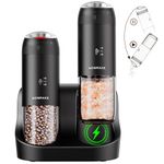 WONMAKE Electric Salt and Pepper Grinder Set, Gravity Automatic Pepper Mill 176ML Rechargeable with Charging Base/Dual Speed/6 Adjustable Coarseness/LED Light, for Kitchen One Handed Operation
