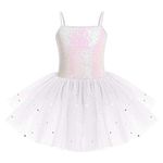 IWEMEK Kids Girls Sequins Leotard Tutu Ballet Dress Sleeveless Spaghetti Strap Skating Gymnastics Children Dancewear Fairy Swan Dance Dresses Performance Ballroom Dancer Costume White 3-4 Years