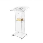Acrtmatic Acrylic Clear Rolling Wheel Podium Stand, 47-inch Modern Lectern & Podium with Storage Shelf for Church, Speech,Classroom, Wedding, Concert. (23.6" L x 15.7" W x 47.2" H)…