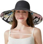 Women Summer Rain Hat UV UPF 50 Sun Protection Wide Brim Hat Sun Hat Foldable Bucket Hat, Black Floral Print (Double-sided), One Size