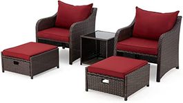 DEVOKO 5 Pieces Patio Outdoor Rattan, Wicker Chair and Table, Patio Conversation Set with Red Seat Cushions and Table Glass, Suitable for Backyard, Porch, Garden, Poolside, and Balcony