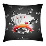 Ambesonne Poker Tournament Throw Pillow Cushion Cover, Display of The Spread Chips with Poker Cards Lifestyle, Decorative Square Accent Pillow Case, 20" X 20", Charcoal Grey