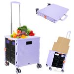 Foldable Utility Cart Folding Portable Rolling Crate Handcart Shopping Trolley Wheel Box with Lid Wear-Resistant Noiseless 360°Rotate Wheel for Travel Shopping Moving Storage Office Use (Purple)