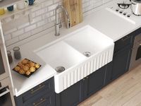 MEJE 33"x18" Farmhouse Kitchen Sink, Double Bowl 50/50 Reversible Farm Sink, Apron-Front Ceramic Sink,White Color