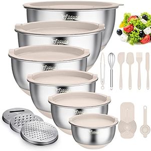 Wildone Mixing Bowls with Airtight Lids, 22 PCS Stainless Steel Nesting Bowls, with 3 Grater Attachments, Scale Marks & Non-Slip Bottom, Size 5, 4, 3, 2,1.5, 0.63QT, Ideal for Mixing & Prepping