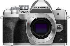 Olympus OM-D E-M10 Mark IV Micro Four Thirds System Camera, 20 MP sensor, 5-axis image stabilizer, selfie LCD screen, electronic viewfinder, 4K video, powerful AF, Wi-Fi, silver