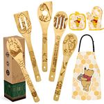 Mothers Day Gifts for Mom Christmas Gift WOM Birthday Gift Cute Bear Wooden Cooking Spoons Set Bamboo Kitchen Cooking Utensils Set with Apron Oven Mitt Potholder Set