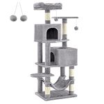 Feandrea Cat Tree, 155 cm Cat Tower for Indoor Cats, Plush Multi-Level Cat Condo with 5 Scratching Posts, 2 Caves, Hammock, 2 Pompoms, Light Grey PCT192W01