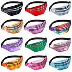 12 Pieces Holographic Fanny Packs for Women Kids, Metallic Color Sport Waistbags Shiny Waist Pack with Adjustable Belts for 80s Rave Outdoor Activities (3 Pouches)